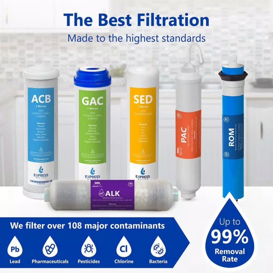 Water Filters * | Replacement Water Filters Express Water Express Water 6 Months Alkaline Reverse Osmosis System Replacement 6 Filters With 100 Gpd Ro Membrane 10 Inch Size